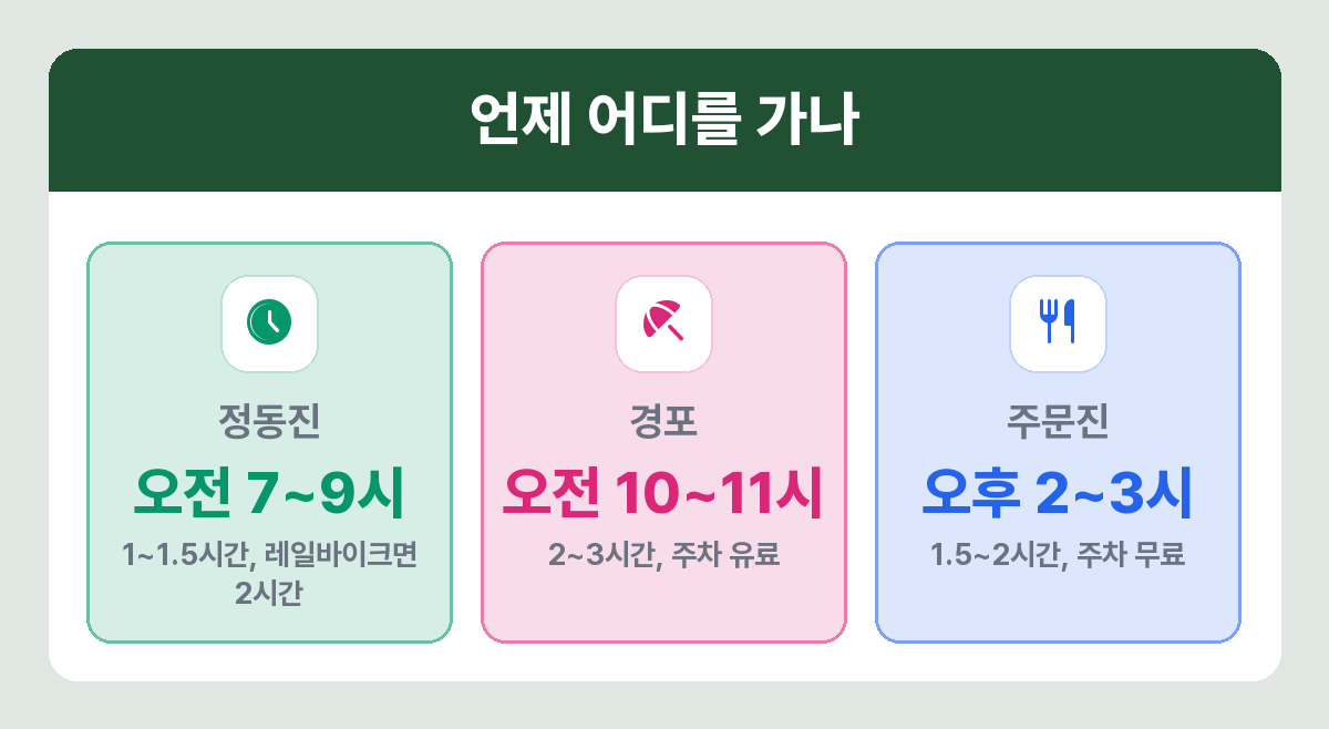 강릉 당일치기 세 코스의 방문 시간대와 소요시간